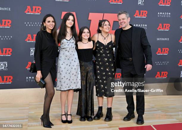 Luciana Damon, Alexia Barroso, Stella Damon, Isabella Damon, and Matt Damon attend the Amazon Studios' World Premiere of "AIR" at Regency Village...