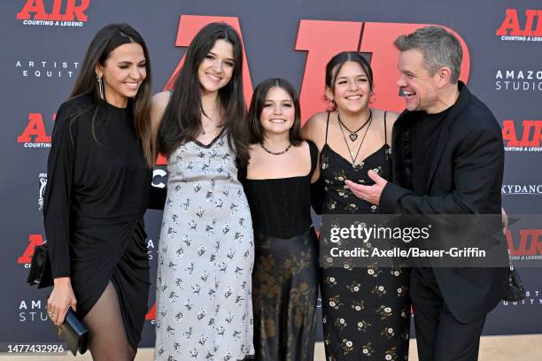 Luciana Damon, Alexia Barroso, Stella Damon, Isabella Damon, and Matt Damon attend the Amazon Studios' World Premiere of "AIR" at Regency Village...