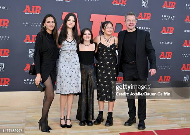 Luciana Damon, Alexia Barroso, Stella Damon, Isabella Damon, and Matt Damon attend the Amazon Studios' World Premiere of "AIR" at Regency Village...