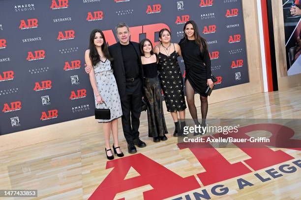 Alexia Barroso, Matt Damon, Stella Damon, Isabella Damon, and Luciana Damon attend the Amazon Studios' World Premiere of "AIR" at Regency Village...