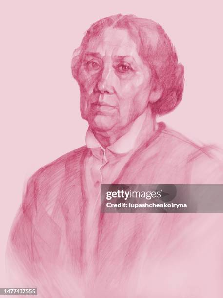 illustration pencil drawing in sepia portrait of  elderly woman in a blouse with a collar and a jacket - grandmother portrait stock illustrations