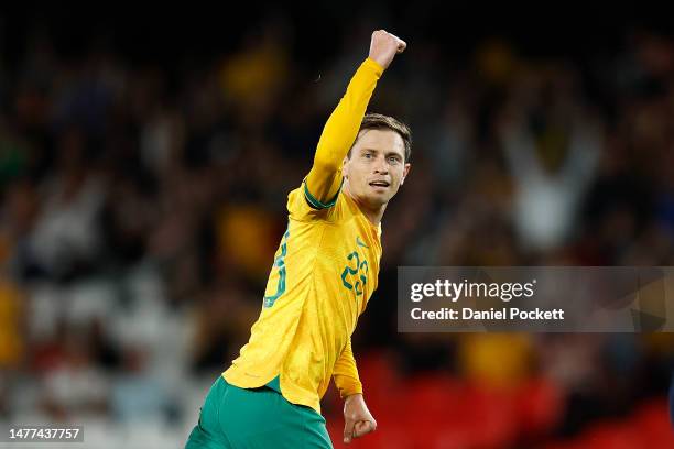 Craig Goodwin of the Socceroos celebrates a goal to Brandon Borrello of the Socceroos after his shot hit the post during the International Friendly...