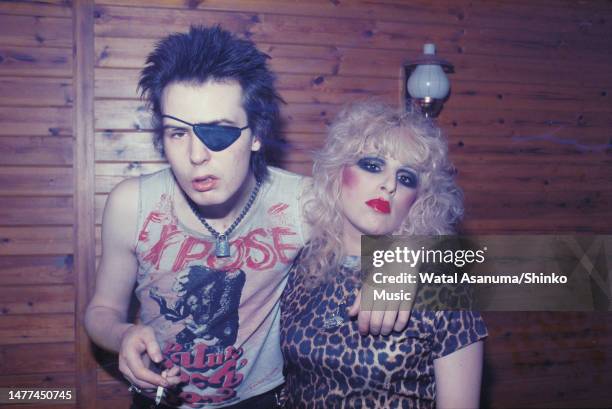 Sid Vicious of the Sex Pitsols, wearing an eye patch, with Nancy Spungen at their flat in London, UK, 4th August 1978.