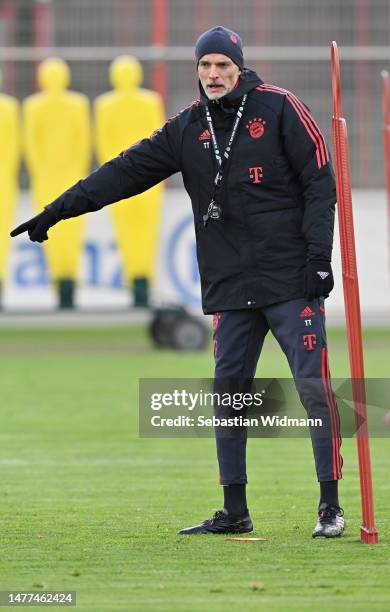 Head coach Thomas Tuchel of FC Bayern München gestures during a training session at Saebener Strasse training ground on March 28, 2023 in Munich,...