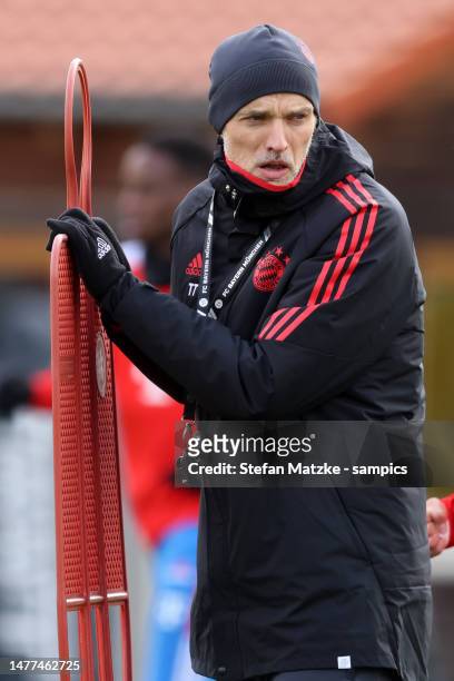Coach Thomas Tuchel of Bayern Muenchen during a training session at Saebener Strasse training ground on March 28, 2023 in Munich, Germany.