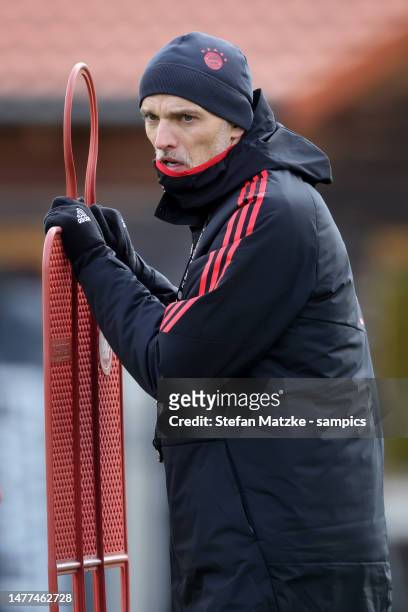 Coach Thomas Tuchel of Bayern Muenchen during a training session at Saebener Strasse training ground on March 28, 2023 in Munich, Germany.