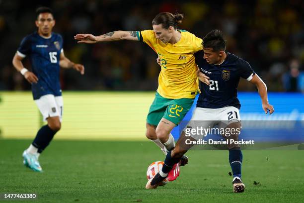 Jackson Irvine of the Socceroos and Alan Franco of Ecuador contest the ball during the International Friendly match between the Australia Socceroos...