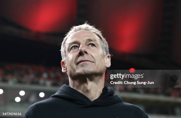 South Korea's new head coach Juergen Klinsmann looks on during the international friendly match between South Korea and Uruguay at Seoul World Cup...