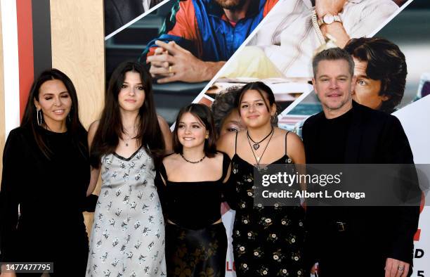 Luciana Damon, Alexia Barroso, Stella Damon, Isabella Damon, and Matt Damon arrive for Amazon Studios' World Premiere Of "AIR" held at Regency...