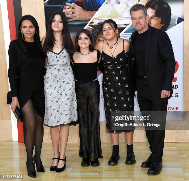 Luciana Damon, Alexia Barroso, Stella Damon, Isabella Damon, and Matt Damon arrive for Amazon Studios' World Premiere Of "AIR" held at Regency...