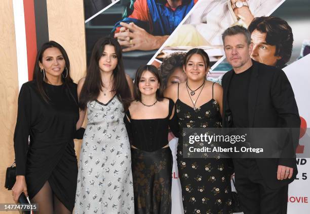 Luciana Damon, Alexia Barroso, Stella Damon, Isabella Damon, and Matt Damon arrive for Amazon Studios' World Premiere Of "AIR" held at Regency...