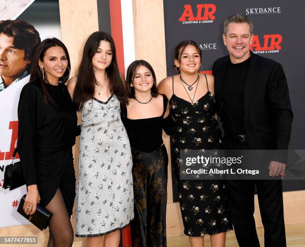 Luciana Damon, Alexia Barroso, Stella Damon, Isabella Damon, and Matt Damon arrive for Amazon Studios' World Premiere Of "AIR" held at Regency...