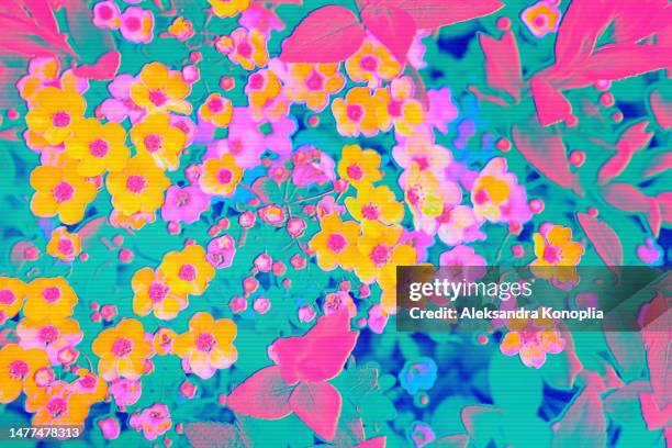 neon pink, orange, yellow, turquoise abstract summer flowers background with digital motion glitch effect - lsd stock-fotos und bilder