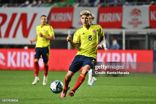 Jorge Carrascal of Colombia in action during the international friendly between Japan and Colombia at Yodoko Sakura Stadium on March 28, 2023 in...