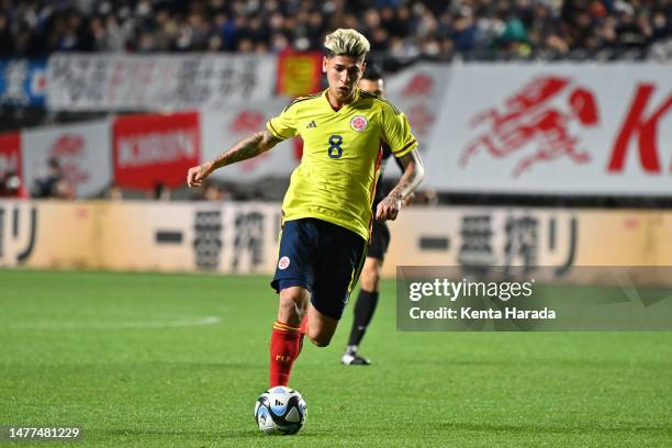 Jorge Carrascal of Colombia in action during the international friendly between Japan and Colombia at Yodoko Sakura Stadium on March 28, 2023 in...