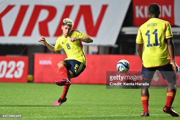 Jorge Carrascal of Colombia in action during the international friendly between Japan and Colombia at Yodoko Sakura Stadium on March 28, 2023 in...