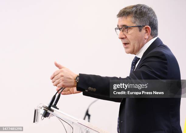 Spokesman in Congress Patxi Lopez speaks during a press conference following the meeting of the Board of Spokesmen, at the Congress of Deputies, on...