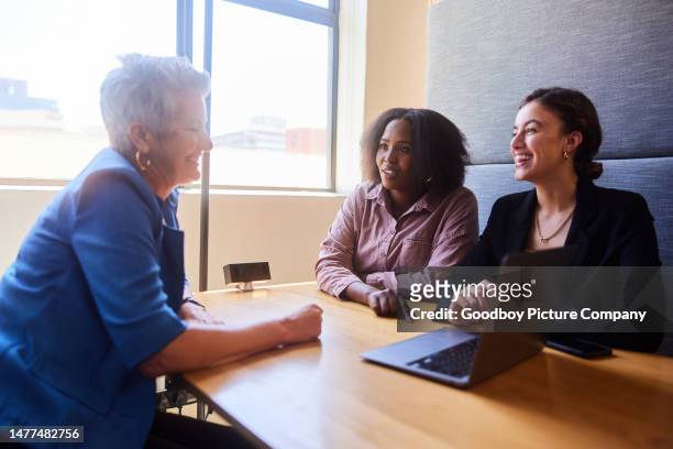 group of diverse businesswomen talking together in an office meeting cubicle - corporate modern office bright diverse imagens e fotografias de stock