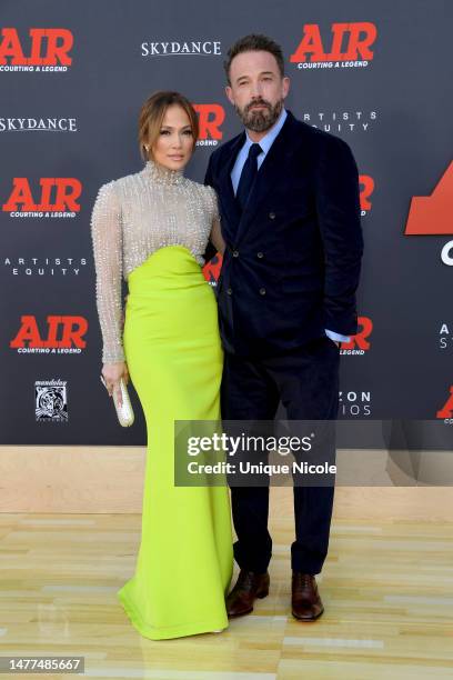 Jennifer Lopez and Ben Affleck attend the Amazon Studios' World Premiere Of "AIR" - Arrivals at Regency Village Theatre on March 27, 2023 in Los...
