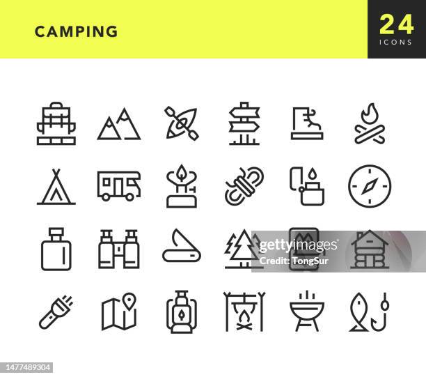 camping - line icons - forest path stock illustrations
