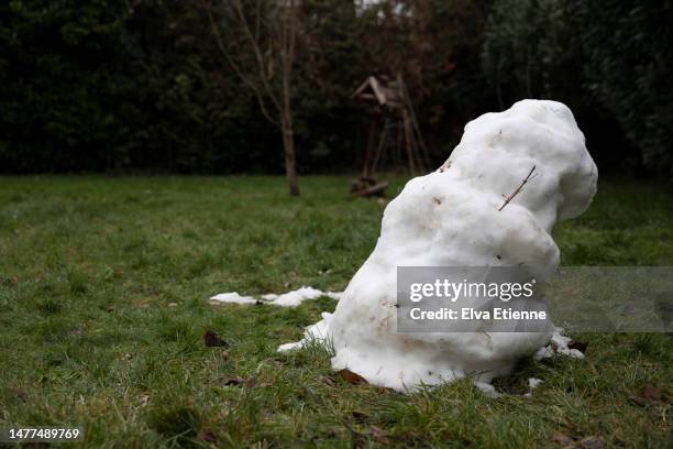 melting snowman standing on green grass in a back garden. - melting snowman stock pictures, royalty-free photos & images