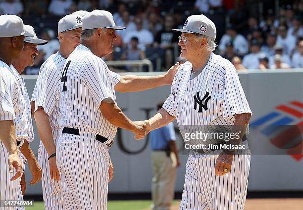 Former New York Yankee Bob Turley and Lou Piniella during the Yankees 66th Annual Old Timers day before the game against the Chicago White Sox at...