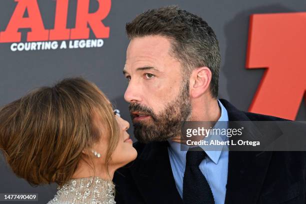 Jennifer Lopez and Ben Affleck arrives for Amazon Studios' World Premiere Of "AIR" held at Regency Village Theatre on March 27, 2023 in Los Angeles,...