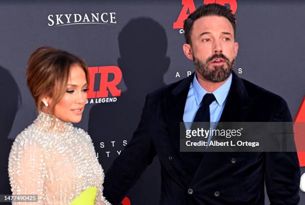Jennifer Lopez and Ben Affleck arrives for Amazon Studios' World Premiere Of "AIR" held at Regency Village Theatre on March 27, 2023 in Los Angeles,...