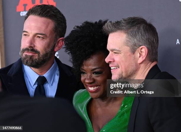 Ben Affleck, Viola Davis and Matt Damon arrive for Amazon Studios' World Premiere Of "AIR" held at Regency Village Theatre on March 27, 2023 in Los...