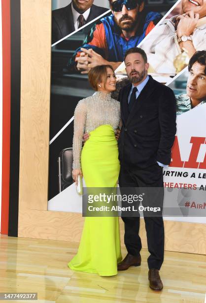Jennifer Lopez and Ben Affleck arrive for Amazon Studios' World Premiere Of "AIR" held at Regency Village Theatre on March 27, 2023 in Los Angeles,...