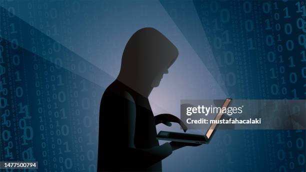 stockillustraties, clipart, cartoons en iconen met young hacker writing binary codes in the dark - dief