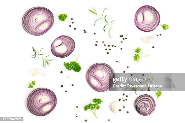 composition of red onion, garlic, rosemary, parsley and black pepper isolated on white background, top view. - coriander seed stock pictures, royalty-free photos & images