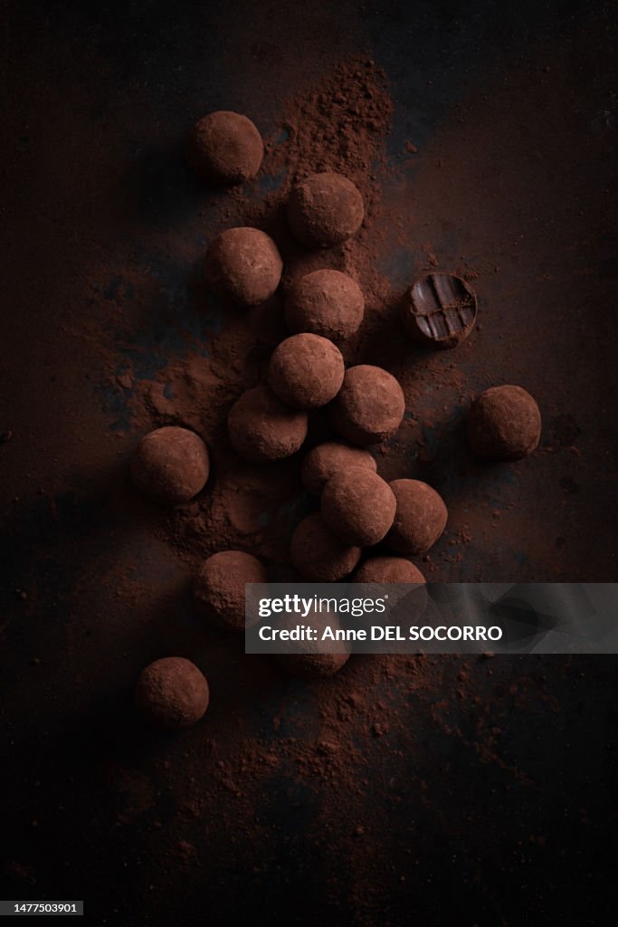 Homemade chocolate truffles with cocoa powder