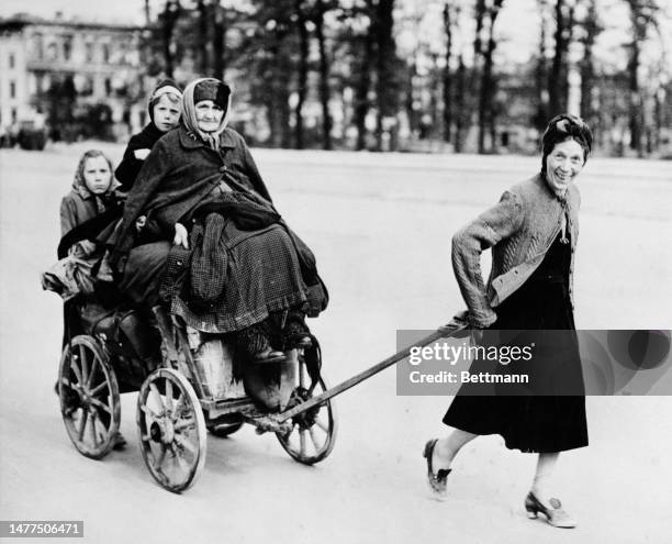 Refugees return to Berlin, Germany, after the end of World War II, circa 1945.