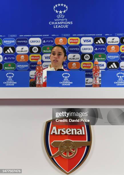 Rafaelle Souza of Arsenal during the Arsenal Women's Press Conference at London Colney on March 28, 2023 in St Albans, England.