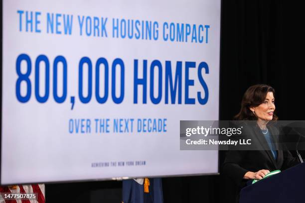 New York State Governor Kathy Hochul speaks during a press event where she highlighted Long Island Budget investments and the urgency of New York...