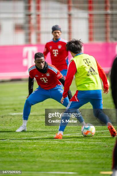 Bouna Sarr of FC Bayern Muenchen during a training session at Saebener Strasse training ground on March 28, 2023 in Munich, Germany.