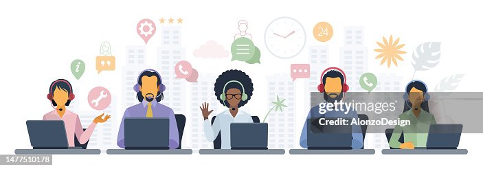Hotline Operators Help Clients to Solve Problems. Customer service. Call center. Hotline operators with headphones on laptop screen. Hotline Operators Help Clients to Solve Problems. Customer service. Call center. Hotline operators with headphones on laptop screen.