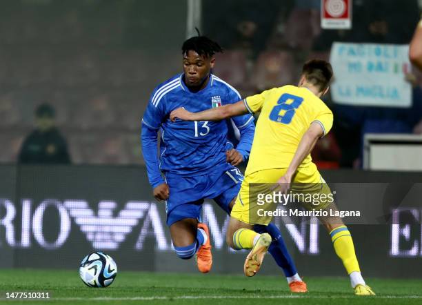 Destiny Udogie of Italy during the International Friendly match between Italy U21 and Ukraine U21 at Stadio Oreste Granillo on March 27, 2023 in...