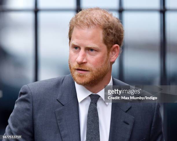 Prince Harry, Duke of Sussex arrives at the Royal Courts of Justice on March 28, 2023 in London, England. Prince Harry is one of several claimants in...