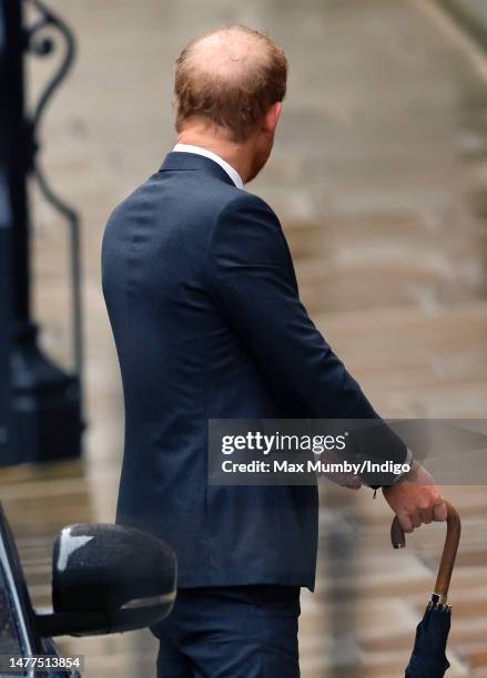 Prince Harry, Duke of Sussex arrives at the Royal Courts of Justice on March 28, 2023 in London, England. Prince Harry is one of several claimants in...