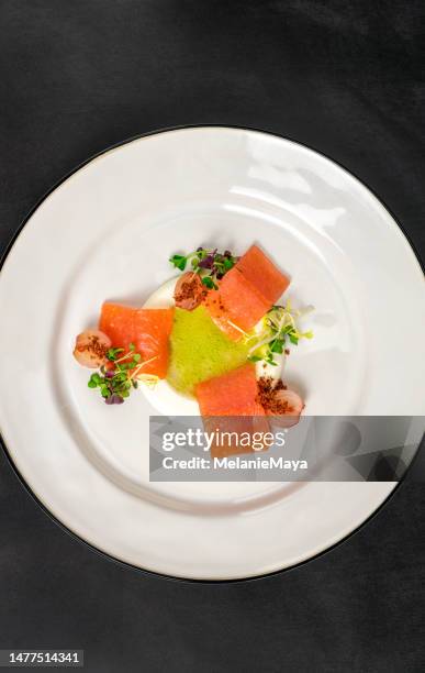 fresh salmon filets with radish cream and herb vinaigrette gourmet michelin food - radish vinaigrette stock pictures, royalty-free photos & images