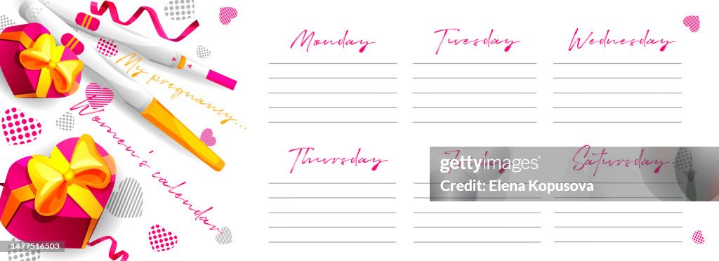 Weekly to-do list for pregnant women. To-do list with positive pregnancy tests and gifts with hearts on white background.