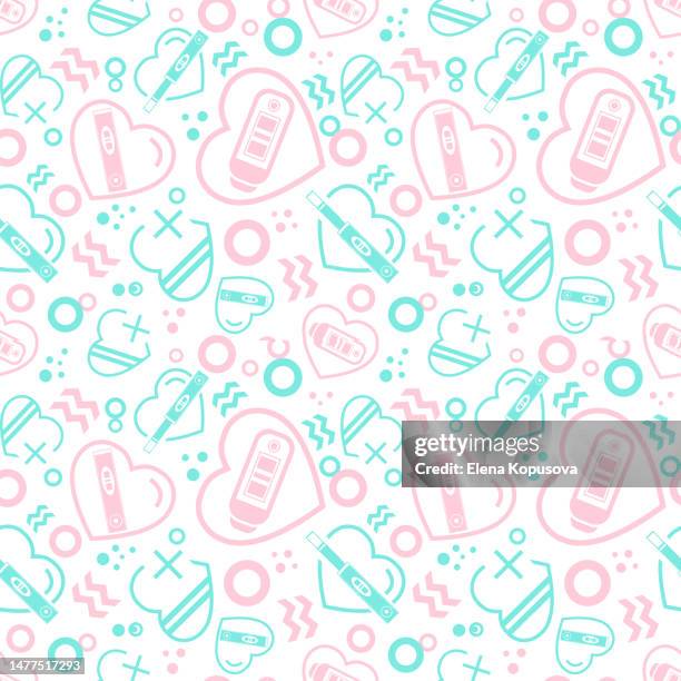 coming soon concept in flat style. seamless creative background with multicolored icons with positive pregnancy test in hearts on a white background. - making heart shape with hands stock illustrations
