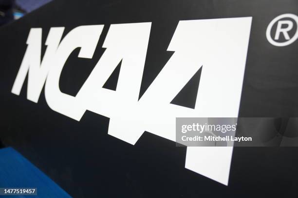 The NCAA logo on basketball pad before the second round of the 2023 NCAA Men's Basketball Tournament game between the Xavier Musketeers and the...