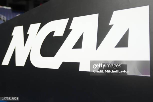 The NCAA logo on basketball pad before the second round of the 2023 NCAA Men's Basketball Tournament game between the Xavier Musketeers and the...