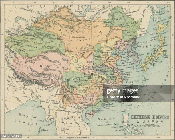 old chromolithograph map of chinese empire and japan - ancient china stock pictures, royalty-free photos & images