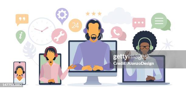 hotline operators help clients to solve problems. customer service. call center. hotline operators with headphones on laptop screen. - reception screen stock illustrations