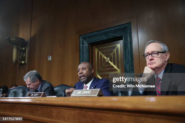 Ranking member Sen. Tim Scott asks questions during a hearing of the Senate Banking, Housing and Urban Affairs Committee March 28, 2023 in...