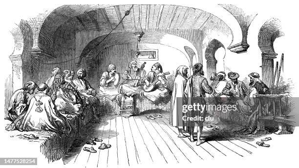 inside a café in algier, a music group and men sitting on divans talking and drinking - algeria stock illustrations